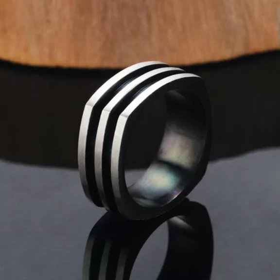 K-KED Men's Three-Layer Groove Ring, Men's Stainless Steel 7-13 Size-silver black-11