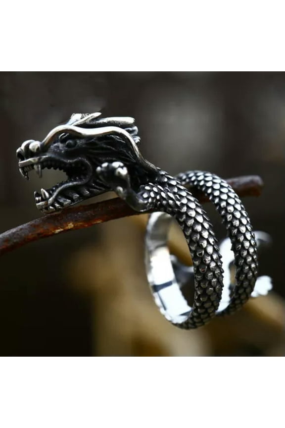 Men's Vintage Big Dragon Ring Stainless Steel Tribal Fire Dragon Biker Punk Ring-10