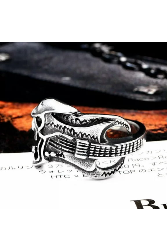 Men's Vintage Rock Skull Guitar Ring Stainless Steel Musical Skull Punk Ring New-9