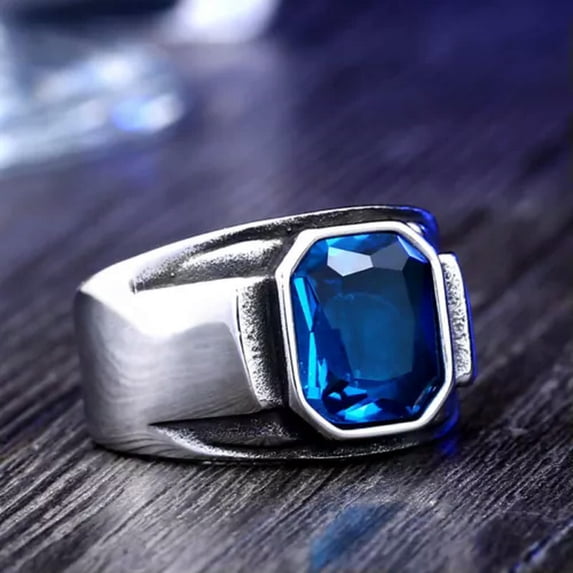 K-KED Men's Vintage Square CZ Stone Wedding Ring Stainless Steel Retro Biker Punk Ring-10-Blue