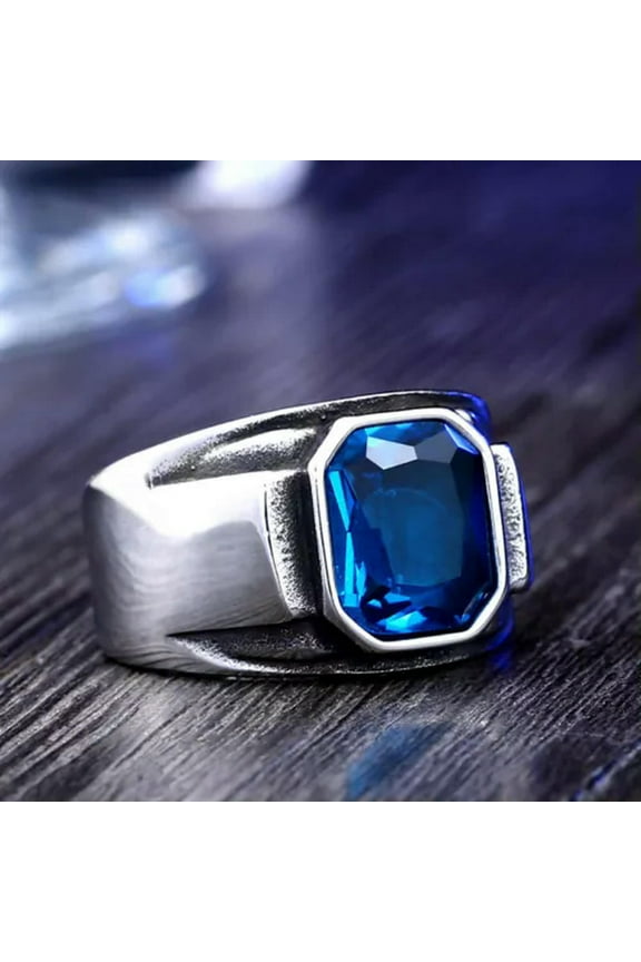 Men's Vintage Square CZ Stone Wedding Ring Stainless Steel Retro Biker Punk Ring-10-Blue