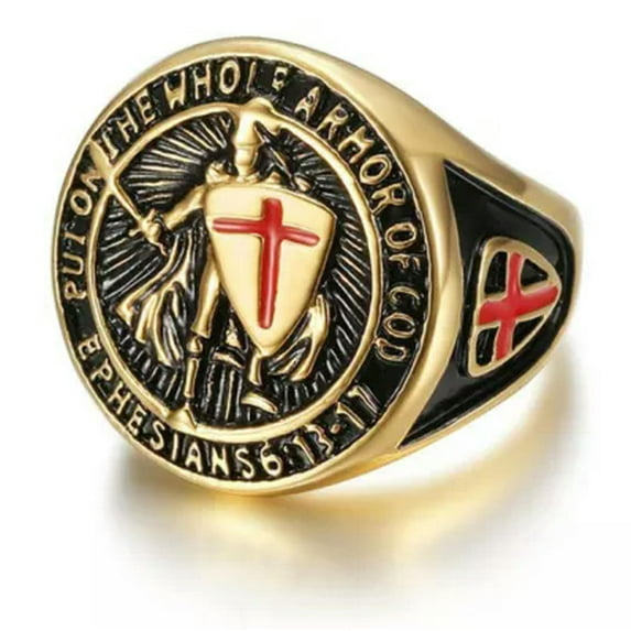 K-KED Men's Vintage Templar Knight Red Cross Shield Stainless Steel Rings Size 7-13-Gold-13