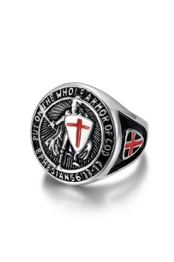 Men's Vintage Templar Knight Red Cross Shield Stainless Steel Rings Size 7-13-Silver-9