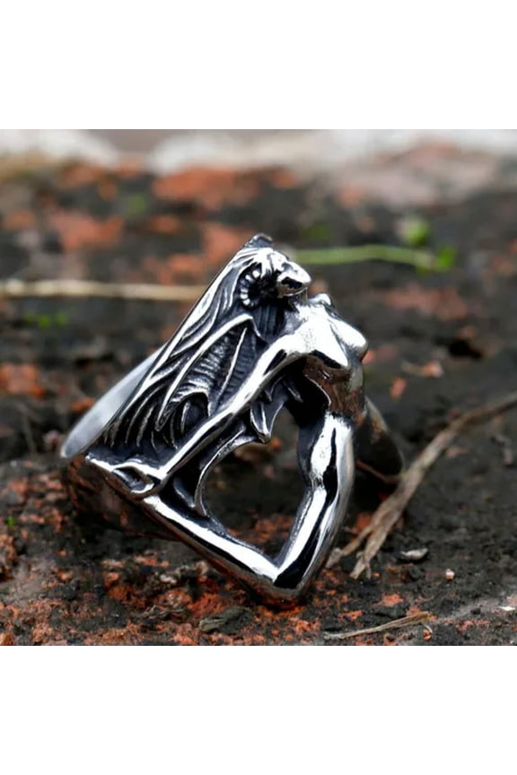 Men's Women's Demon Skull Ring Gothic Wing Stainless Steel Naked Devil Punk Ring-10