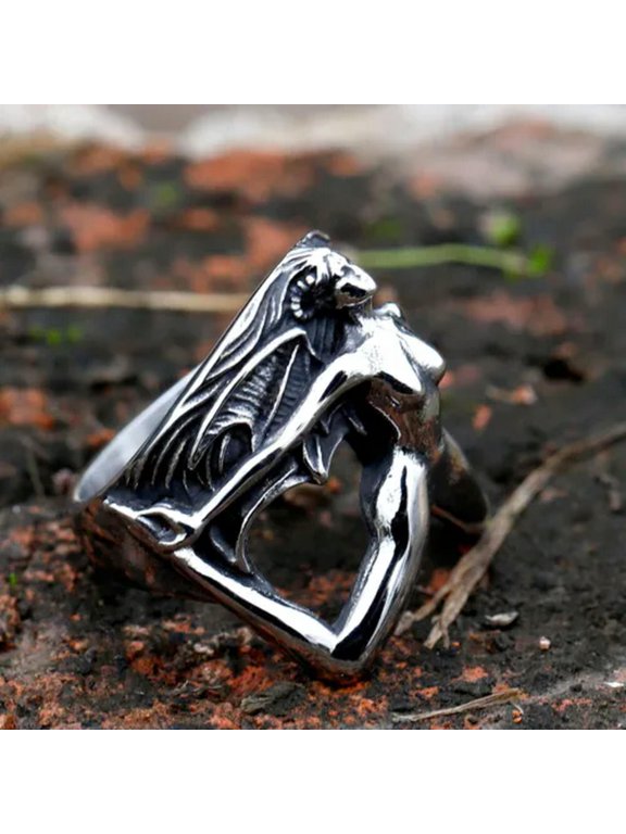 Men's Women's Demon Skull Ring Gothic Wing Stainless Steel Naked Devil Punk Ring-11
