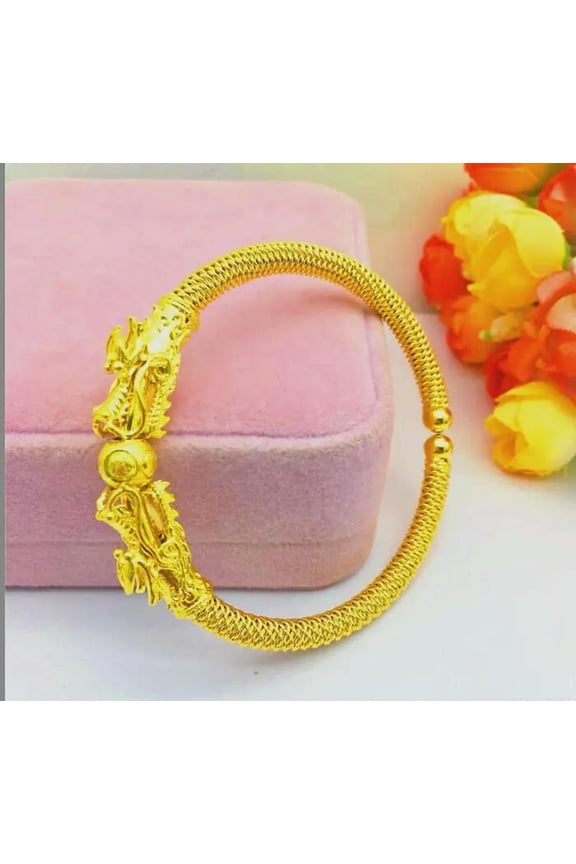 Men's double dragon 23K 24K THAI BAHT YELLOW GOLD Plated Bangle 7.0 inch