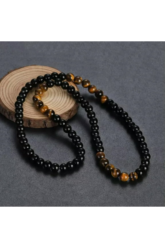 Mens Beads Necklace Black Obsidian Tiger Eye Stone Healing Chakra Necklace 24''