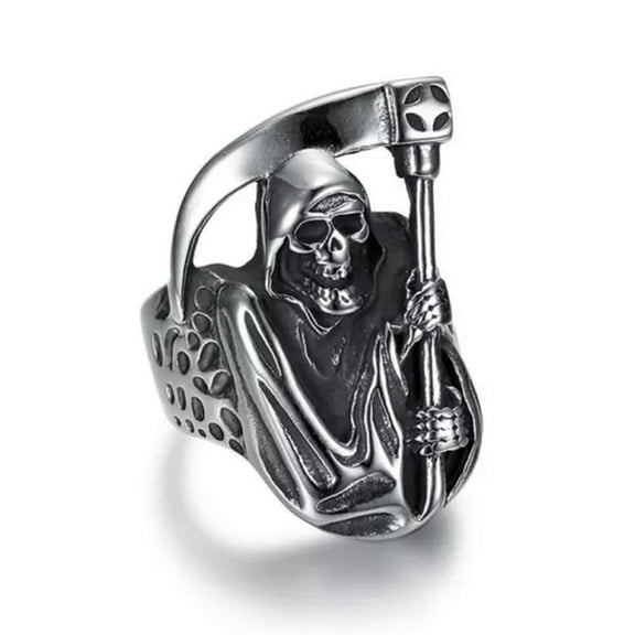 K-KED Mens Biker Goth Death Skull Grim Reaper Ring Stainless Steel Size 6-15-7