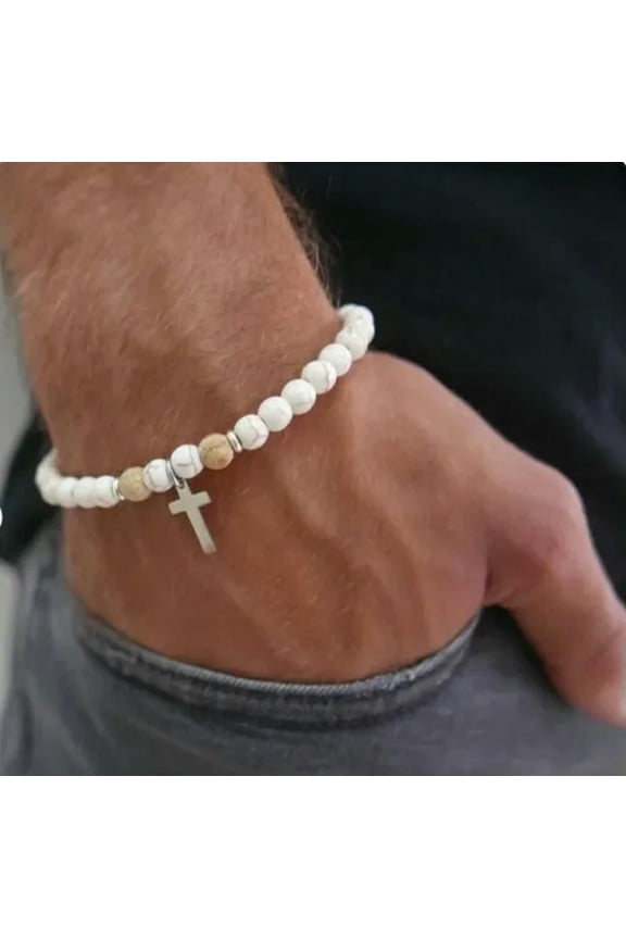 Mens Bohemian Cross Bracelet Turquoise Beaded Bracelet Boho Bracelets Gifts-White