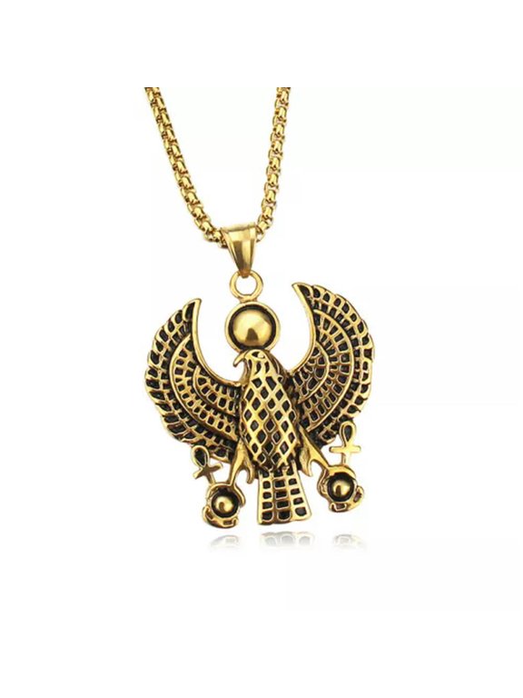Mens Egypt Egyptian Horus Falcon Ankh Pendant Necklace Stainless Steel-Gold
