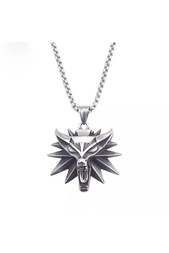 Mens Fashion Viking Fenrir Wolf Head Pendant Necklace Stainless Steel Set