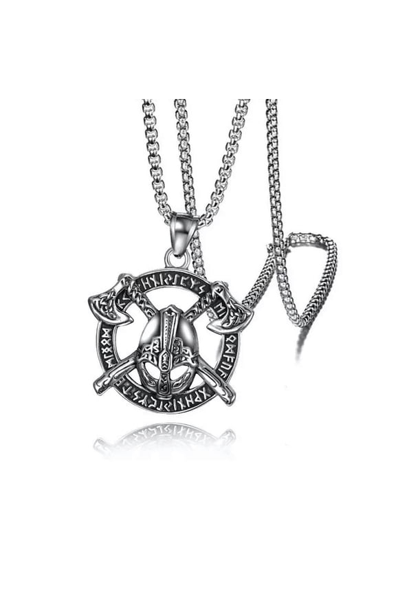 Mens Norse Viking Axe Rune Pendant Necklace Stainless Steel Amulet Chain-default