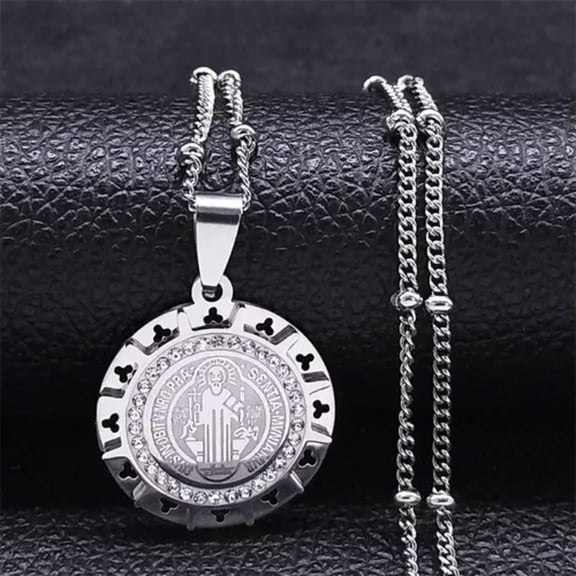 K-KED Mens Saint St Benedict Protection Medal Ornate Pendant Necklace 24" Chain-default
