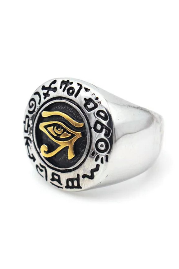 Mens Silver Stainless Steel Egyptian Evil Eye of Horus Ra Ring Size 7-13-10-Gold