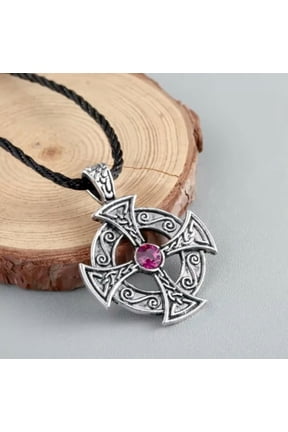 Mens Slavic Viking Shield Irish Sun Cross Antique Silver Pendant Necklace