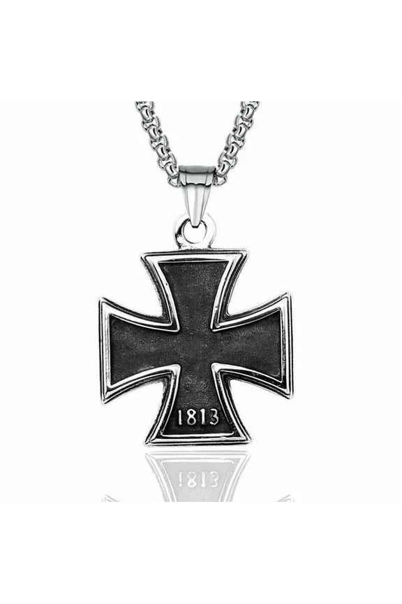 Mens Stainless Steel 1813 1939 WW2 German Iron Cross Pendant Necklace Men