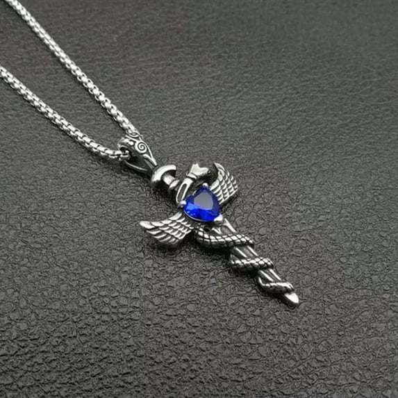 K-KED Mens Stainless Steel Angel Wings Faux Sapphire CZ Cross Pendant Necklace-Blue