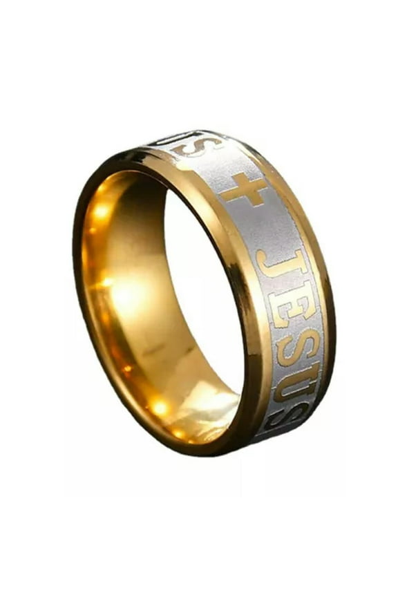 Mens Stainless Steel Christian Jesus Cross Ring Band Men Size 6-12-10-Gold