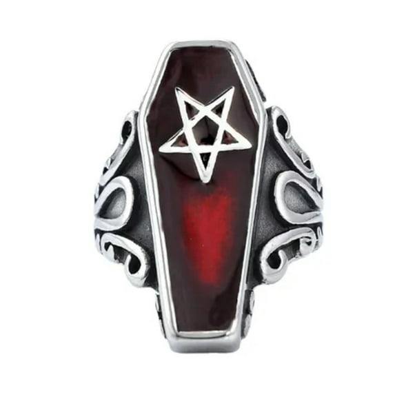 K-KED Mens Stainless Steel Punk Coffin Rings Gothic Zombie Vampire Skull Biker Ring-11-Red with Star