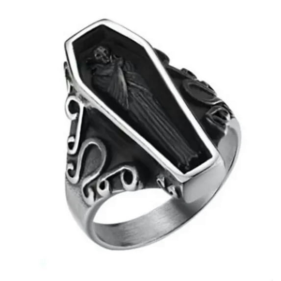 K-KED Mens Stainless Steel Punk Coffin Rings Gothic Zombie Vampire Skull Biker Ring-12-Black