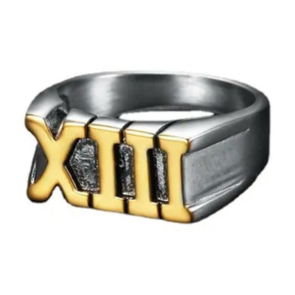 K-KED Mens Stainless Steel Roman Numeral Biker Lucky Number 13 Ring Size 7-14-10-Gold