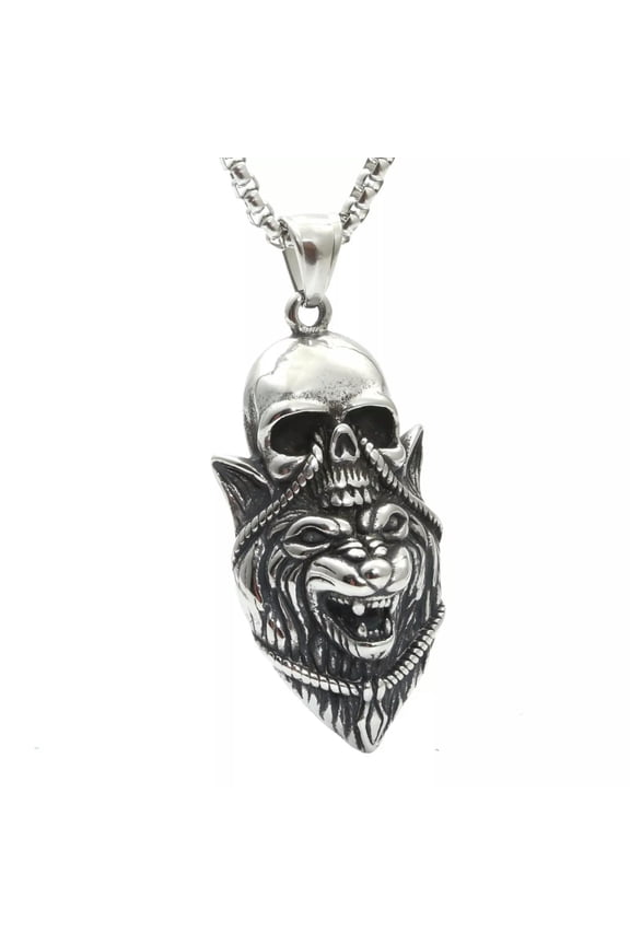 Mens Viking Tribal Wolf Head Skull Pendant Necklace Men Stainless Steel-default