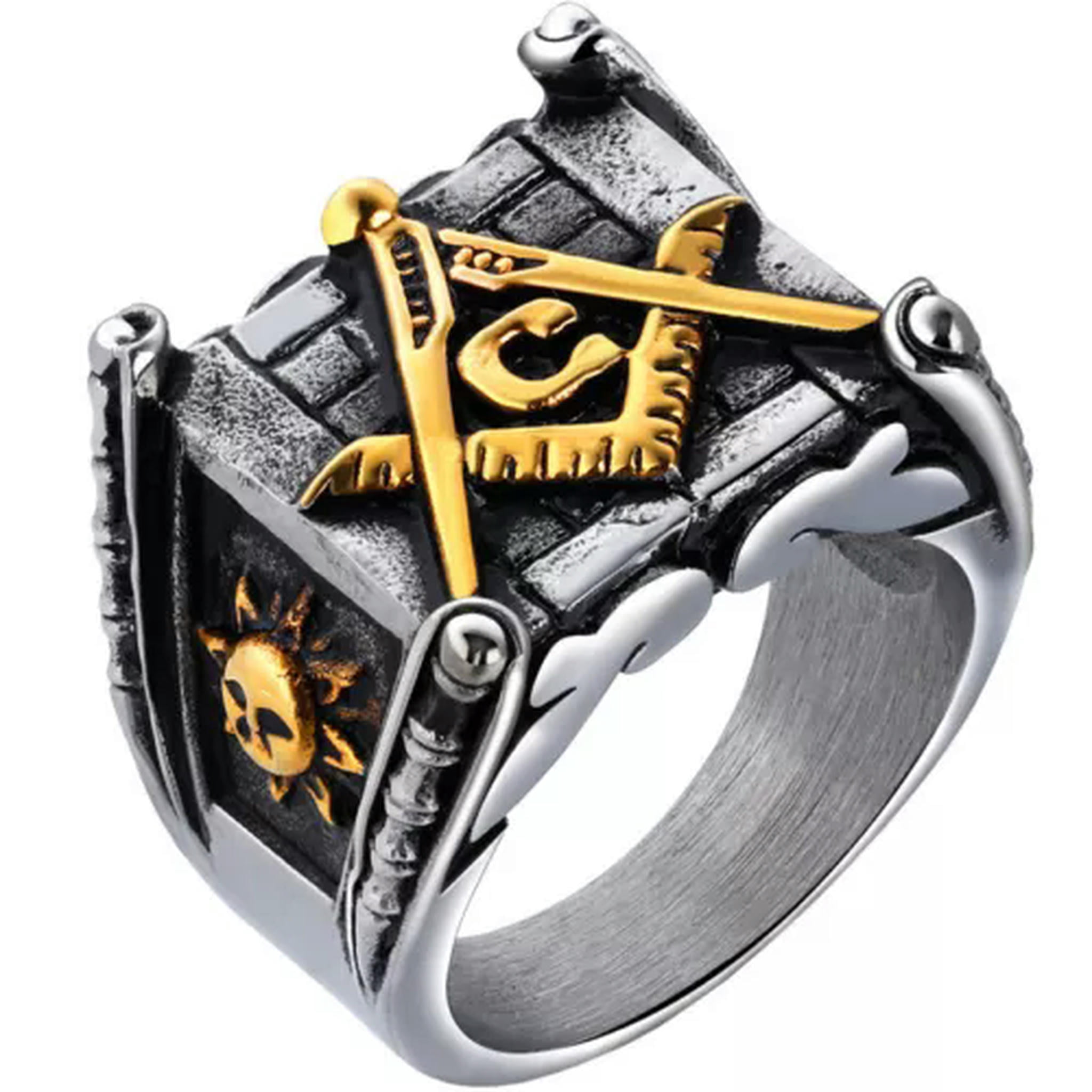 ANIEJUFI Men's Stainless Steel Freemason Ring - Gold Plated Master Mason Signet Ring (22mm)