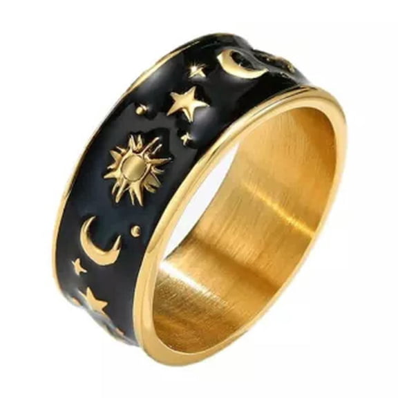 K-KED Mens Womens Sun And Moon Star Ring Band Stainless Steel Size 6-12-12-Gold