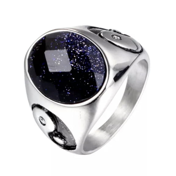 K-KED Mens Yin Ying Yang Blue Sandstone Ring Men Stainless Steel Size 7-13-13-Silver