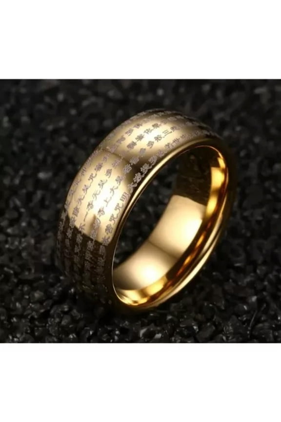 Minimalist Tungsten Steel Laser Buddhist Scripture Heart Path Rings Size 6-13-9-Gold