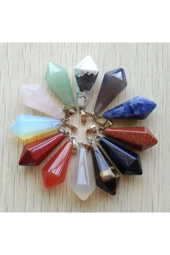 Mixed Natural Stone Pendulum Hexagonal Pyramid Charms Pendants 12Pcs Wholesale