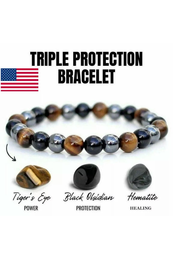 Mixed Stone Bracelet Obsidian Tigers Eye Hematite Triple Protection Bracelet US.
