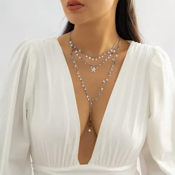K-KED Multi Layered Necklace 3 Pieces/set Chain Choke Choke Star Charm Delicate Jewelry Bohemia-Silver