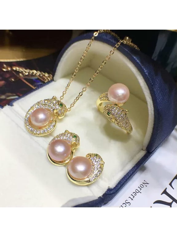 Multicolor freshwater pearl necklace bracelet earrings CZ leopard Delicate Jewelry Set-Pink