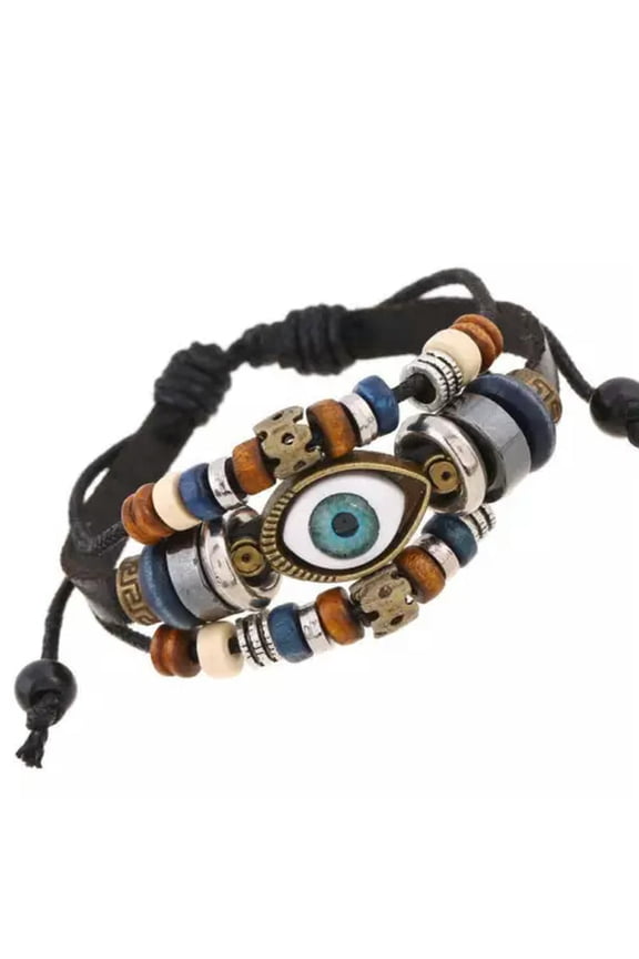 Multilayer Cowhide Devil's Eyes Beaded Woven Bracelet Couple Leather Bangle Gift-Black Leather
