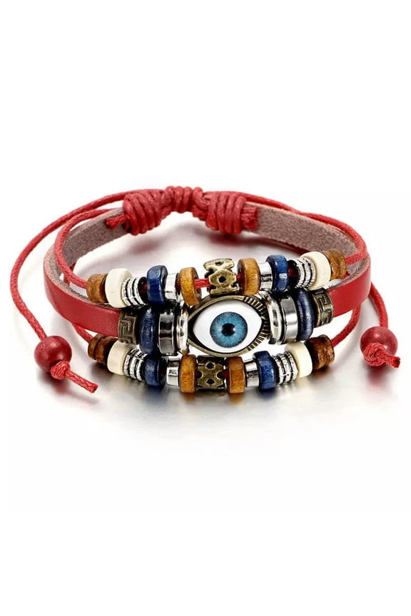 Multilayer Red Cowhide Devil's Eyes Beaded Woven Bracelet Couple Leather Bangle