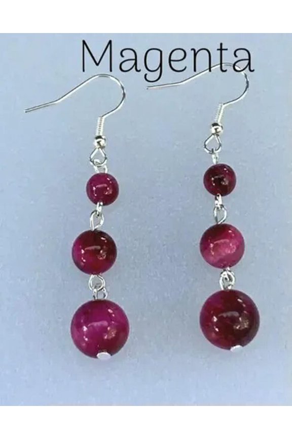 NATURAL 6-8-10MM TIGERS EYE 100% REAL STONE DROP DANGLE HOOK EARRINGS-MAGENTA