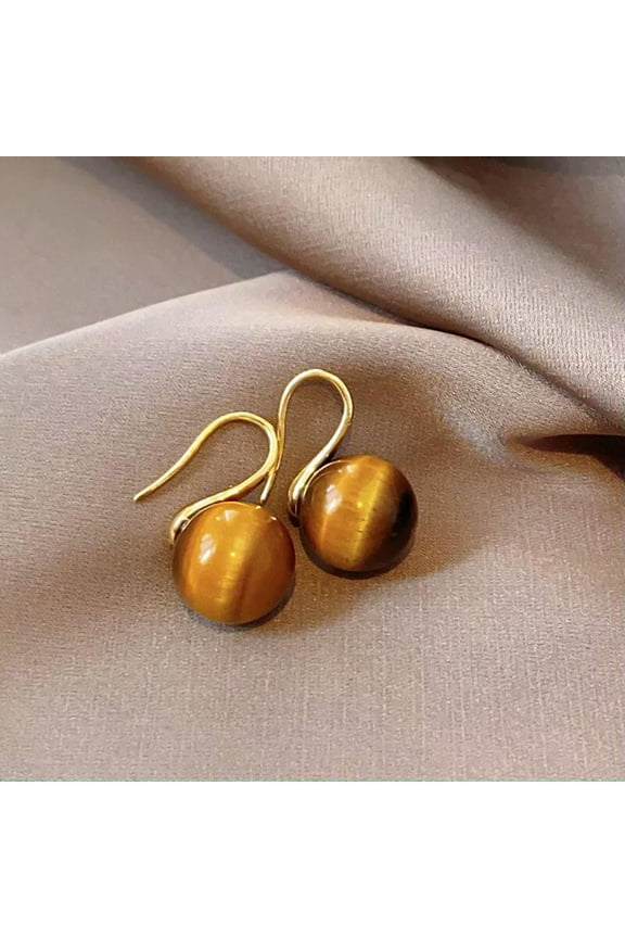 NATURAL GRADE 10MM GENUINE TIGER EYE GEMS STONE ROUND BEADS DROP DANGLE EARRINGS