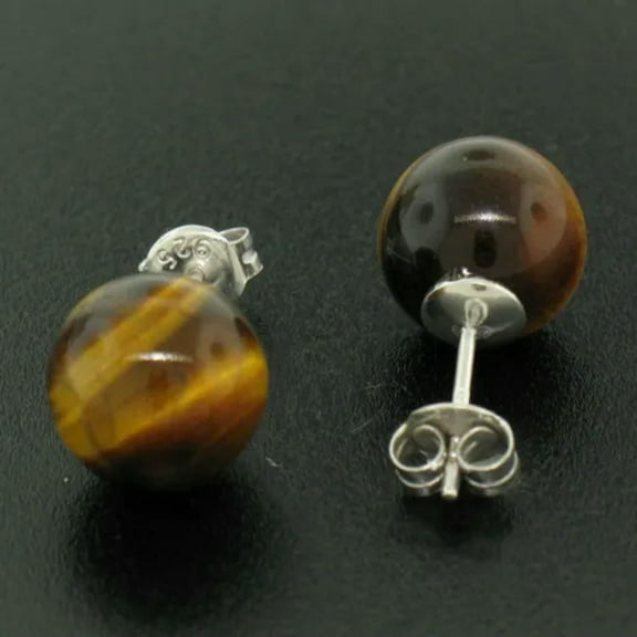 K-KED NEW 925 Silver 10mm Tiger's Eye Ball Stud Earrings Classic Simple Elegant