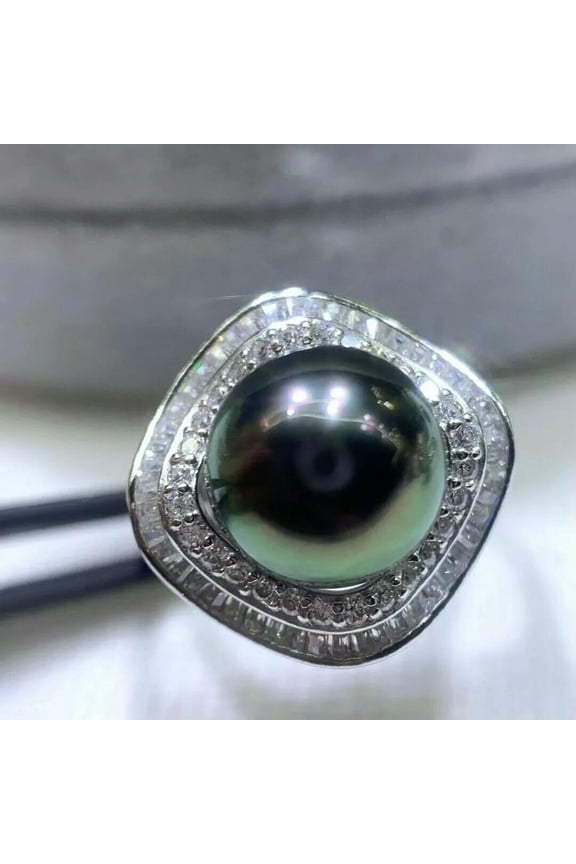 NEW AAAA 10-11 mm round natural south sea black pearl ring 925s