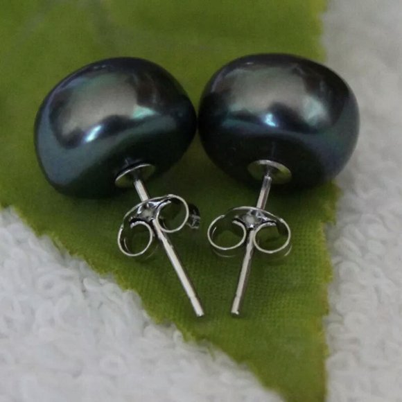 K-KED NEW HOT 10-11MM SOUTH SEA BLACK STUD PEARL EARRING Sterlings Silver Stud AAA