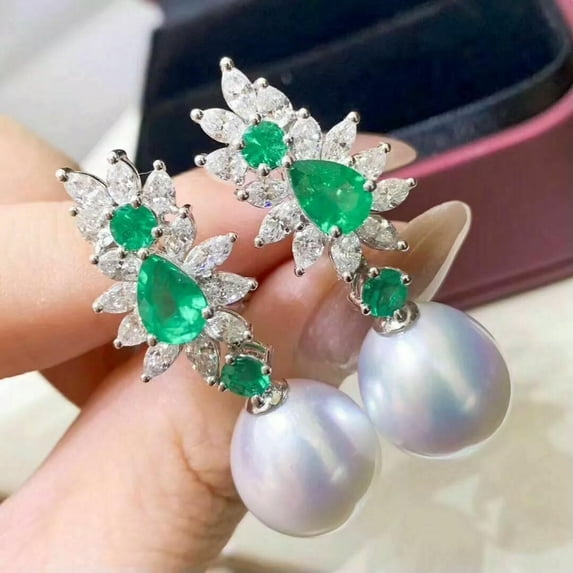 K-KED NEW gorgeous Emeralds 10-11mm natural south sea white pearl earrings