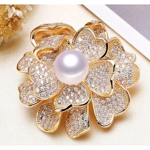 K-KED Natural 10-11mm Akoya White Pearl Crystal Flower Brooches 18KGP For Women