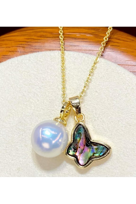 Natural 10-11mm White Kasumi Pearl Abalone Shell Pendant Necklace