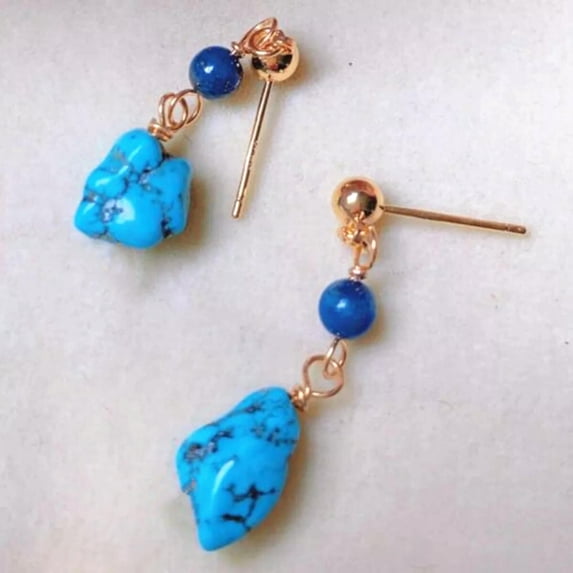 K-KED Natural 10-14mm Blue Turquoise Irregular Gemstone Beads Dangle Earrings