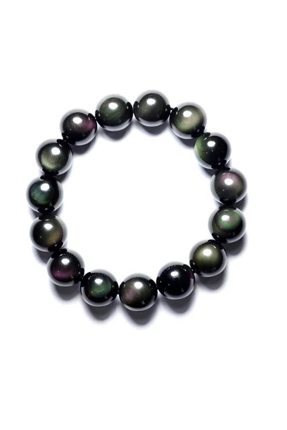 Natural 100% 14Mm Rainbow Obsidian Round Gemstone Beads Bracelet 7.5" Aaa++-Black