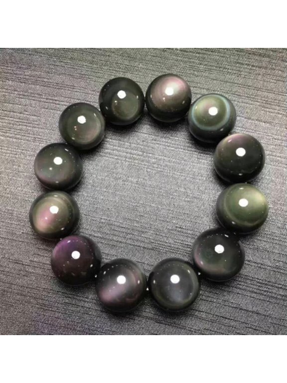 Natural 100% 14Mm Rainbow Obsidian Round Gemstone Beads Bracelet 7.5" Aaa++-Black