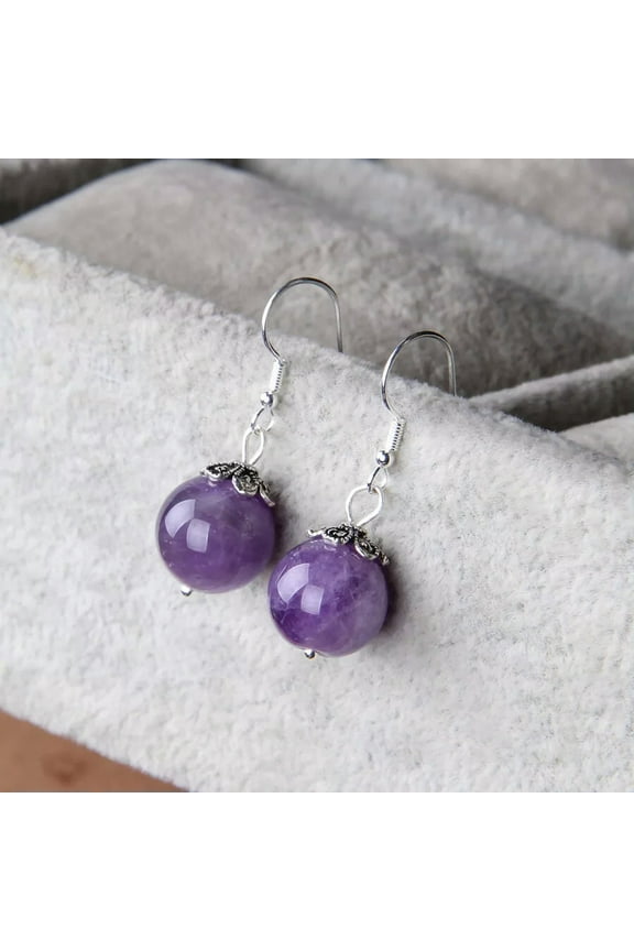 Natural 10mm Amethyst Crystal Stone Round Gemstone Hook Earrings Cute Gift