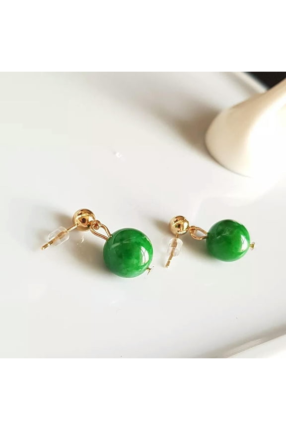 Natural 10mm Green Jade Gemstone Beads Dangle Stud Earrings Gift