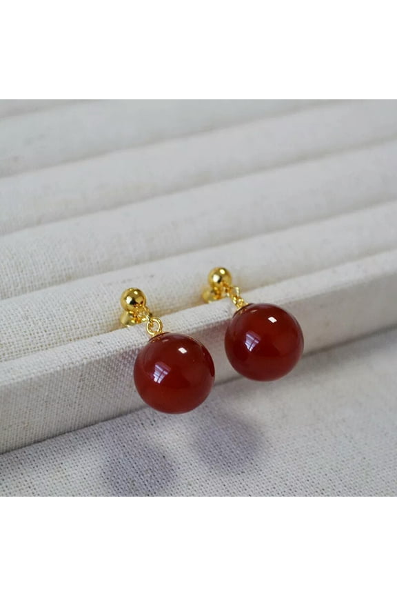 Natural 10mm Red Jade Ball Gemstone Beads Post Drop Hook Dangle Earrings